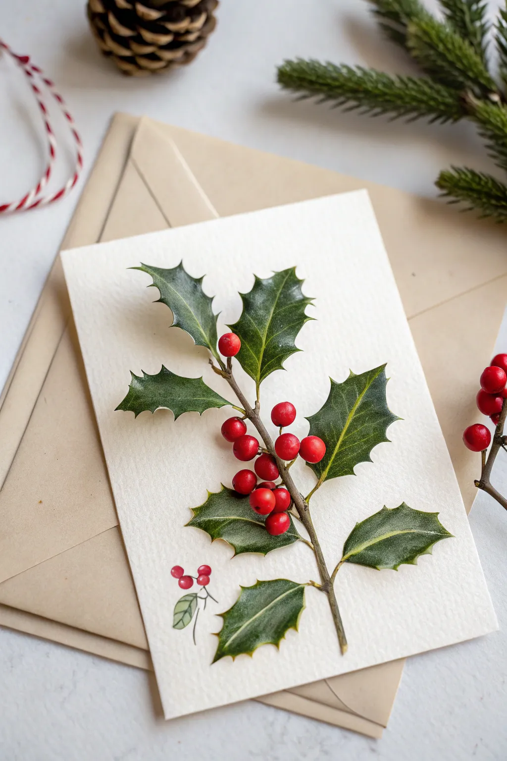 Embrace the beauty of nature with this holly and berry-inspired Christmas card, perfect for spreading holiday cheer in minimalist style.