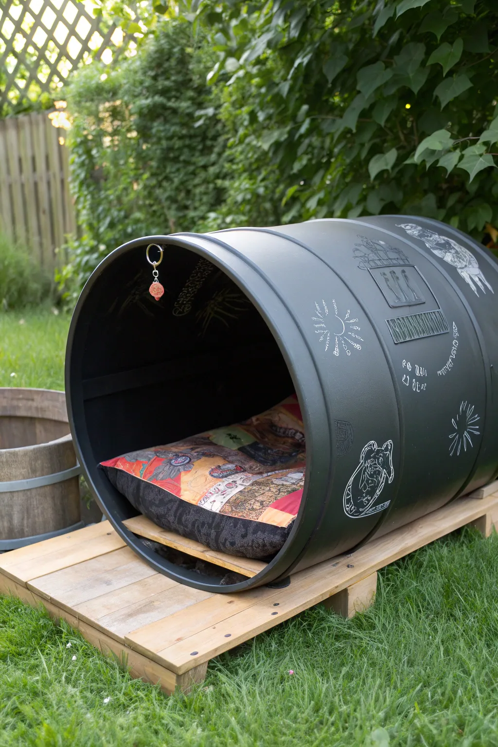 Transform a simple plastic drum into a chic and comfy portable pet house for your furry friend!