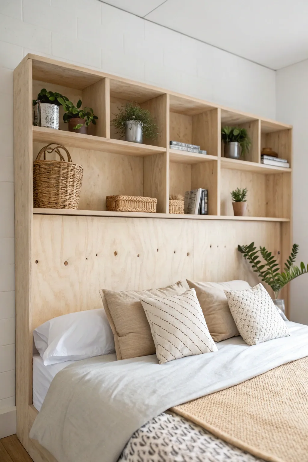 Elevate your bedroom with a minimalist plywood headboard featuring chic integrated shelving for style and practicality.