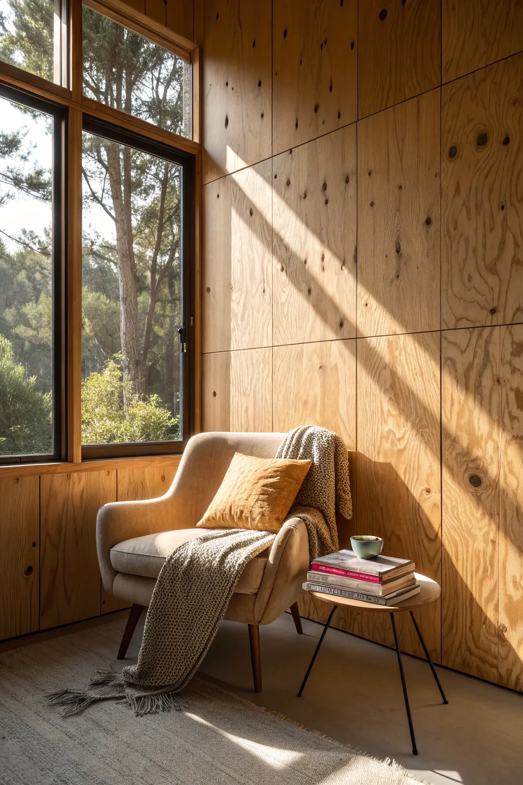 Embrace the warmth: Natural light brings out the beauty in plywood design.