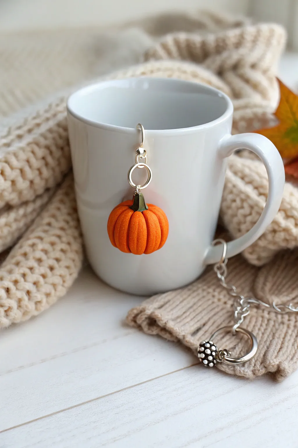 Embrace the cozy charm of autumn with this handcrafted pumpkin mug charm, perfect for adding a touch of seasonal magic to your mornings.