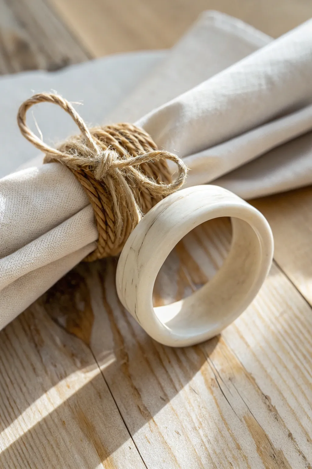 Elevate your table setting with a handcrafted polymer clay napkin ring, beautifully adorned with rustic twine for that perfect boho-chic touch.