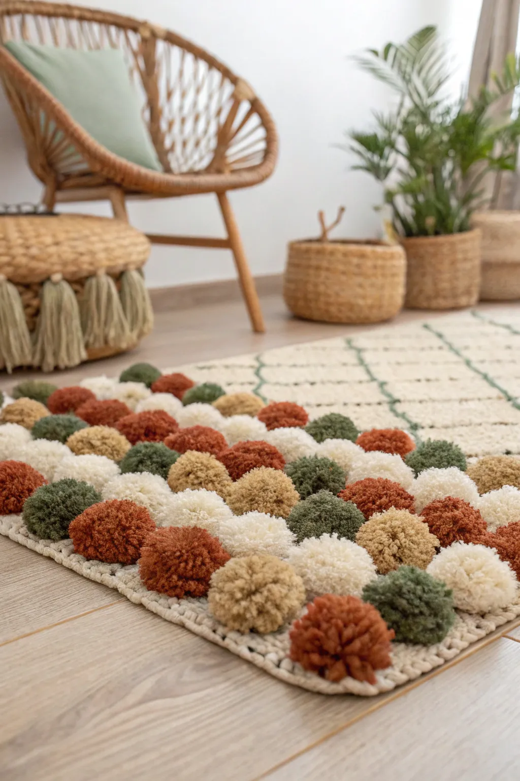 Transform your space with a boho-inspired pom pom rug, where craftsmanship meets natural beauty.