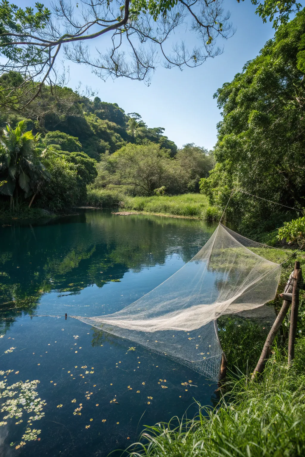 Achieve minimalist elegance with clear nylon pond netting.