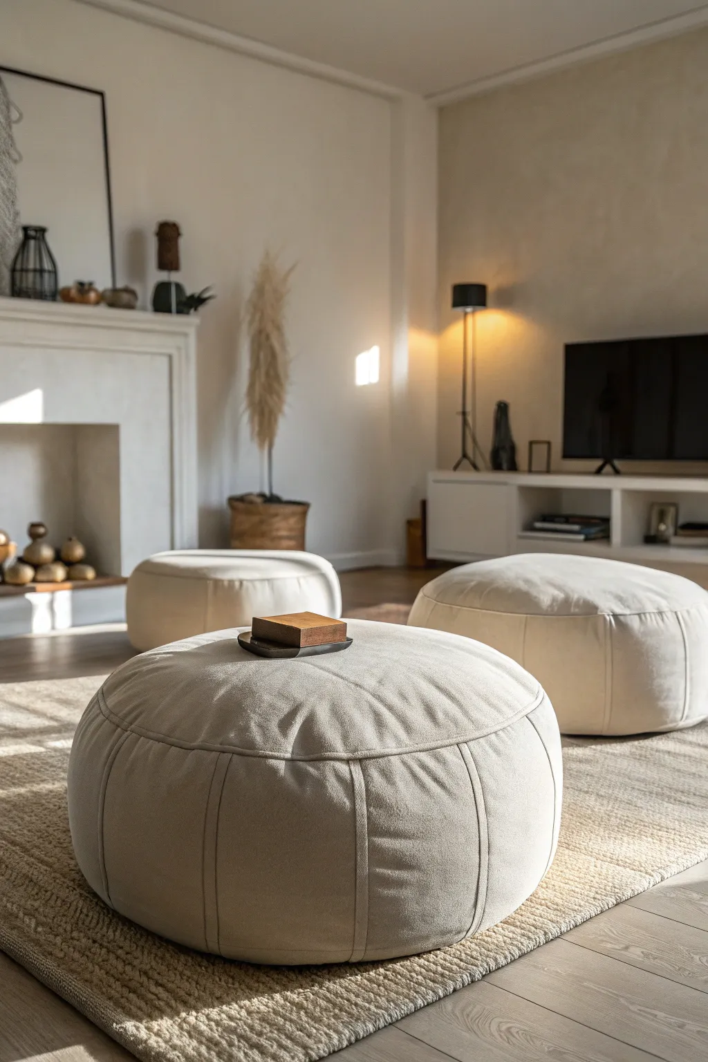 Sleek poofs complement the minimalist aesthetic of this room.