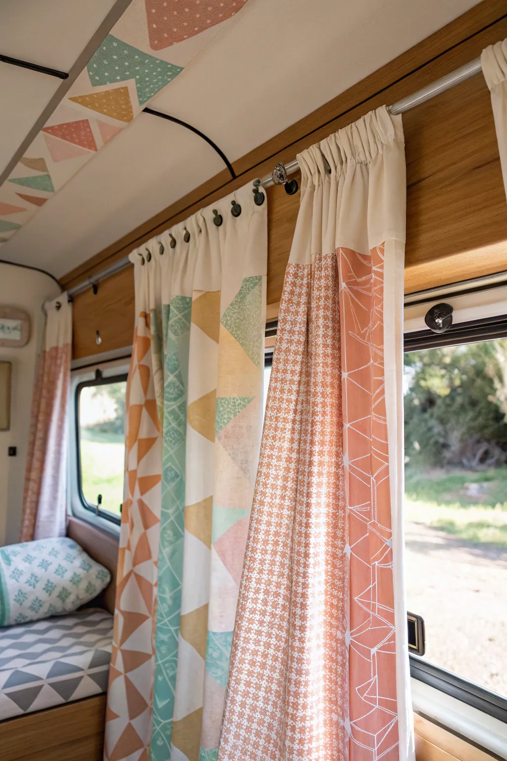 Elevate your camper with a touch of Scandinavian-Boho charm: mix and match patterns for a cozy, inviting retreat.