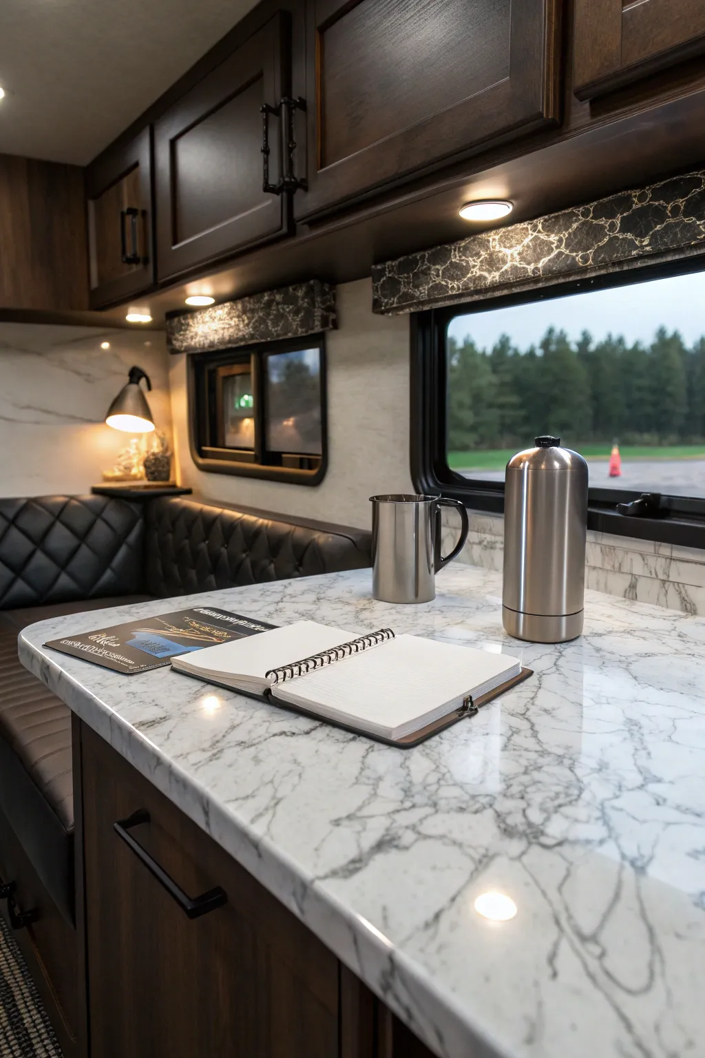 Transform your camper's interior with the magic of marble-patterned contact paper for an upscale look on a budget.