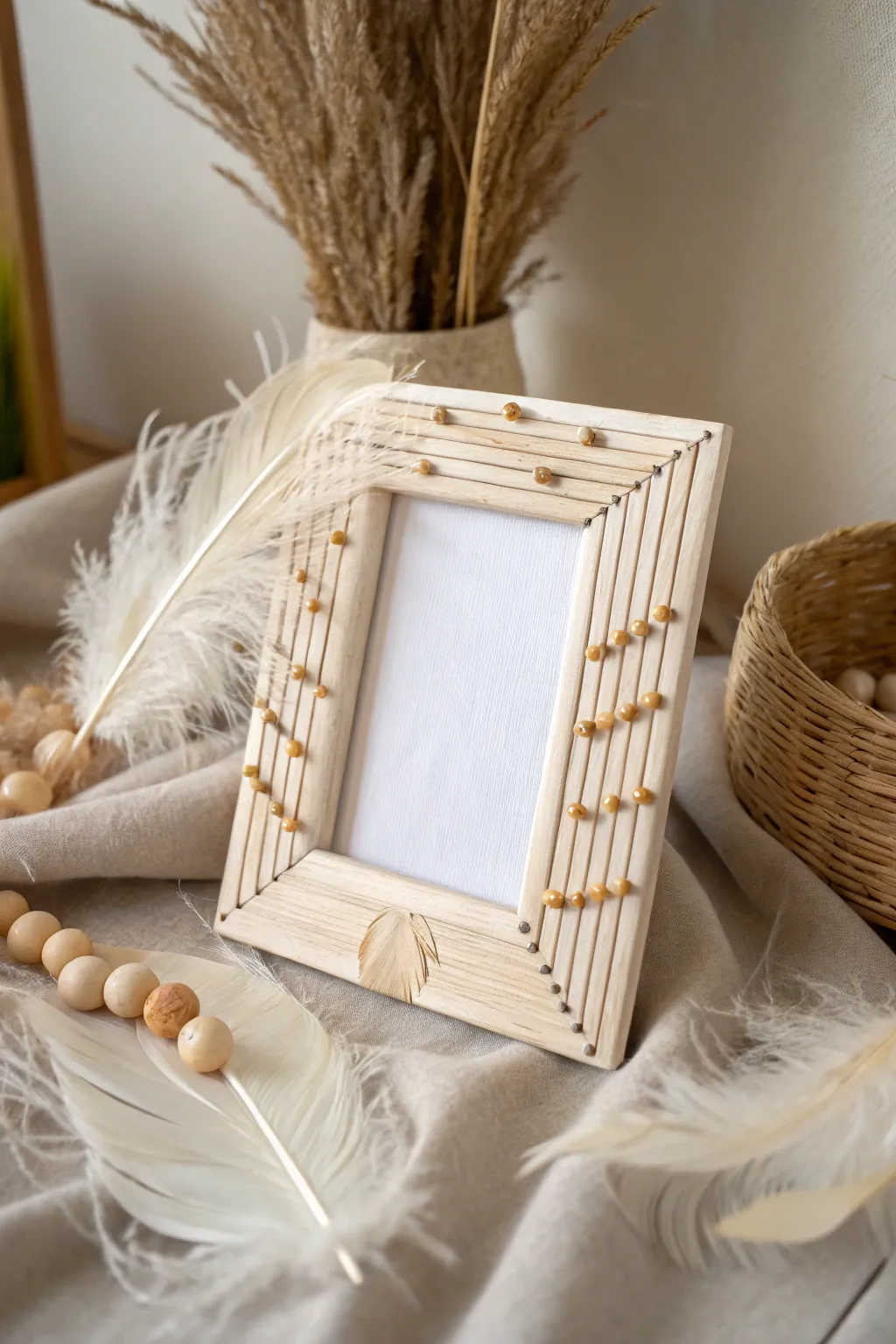 Elevate your space with boho elegance: a popsicle stick frame adorned with feathers and beads.