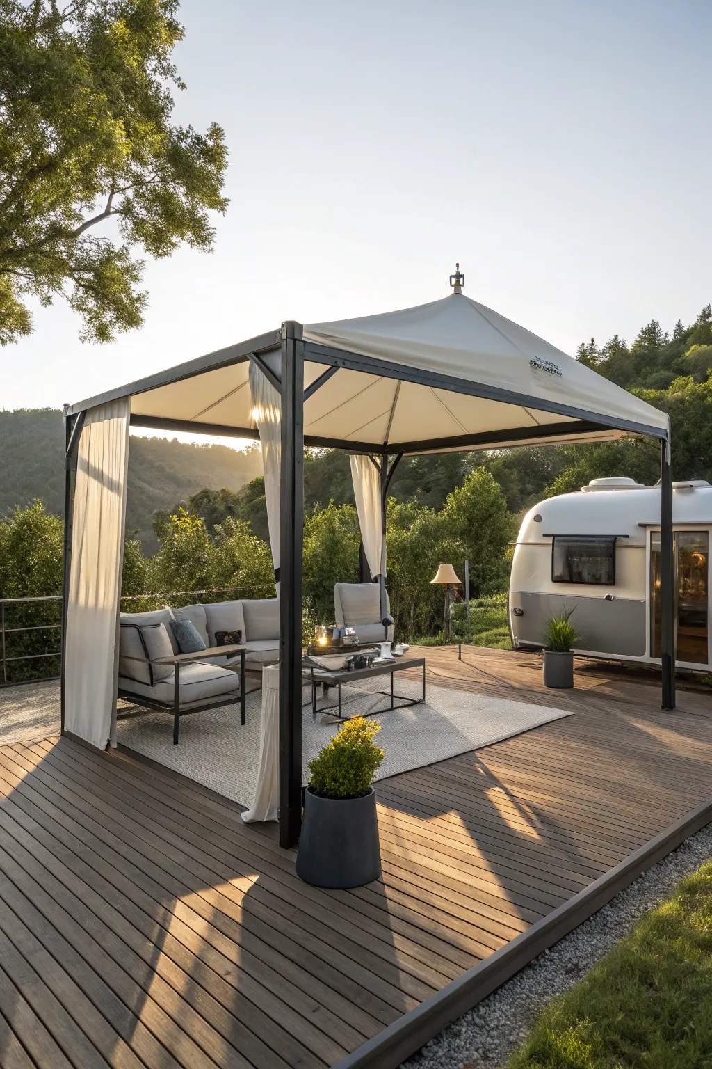 Elevate your RV experience with a chic portable gazebo—where style meets shade.