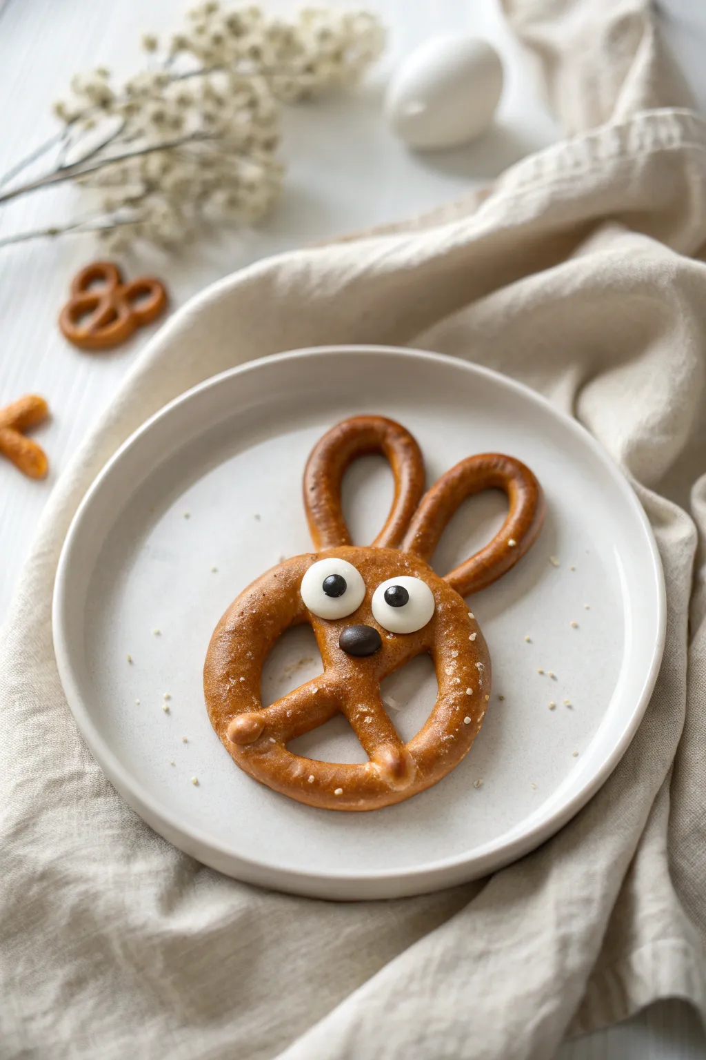 Crafted with love: Meet the charming candy-eyed pretzel bunny that adds a smile to your snack time!