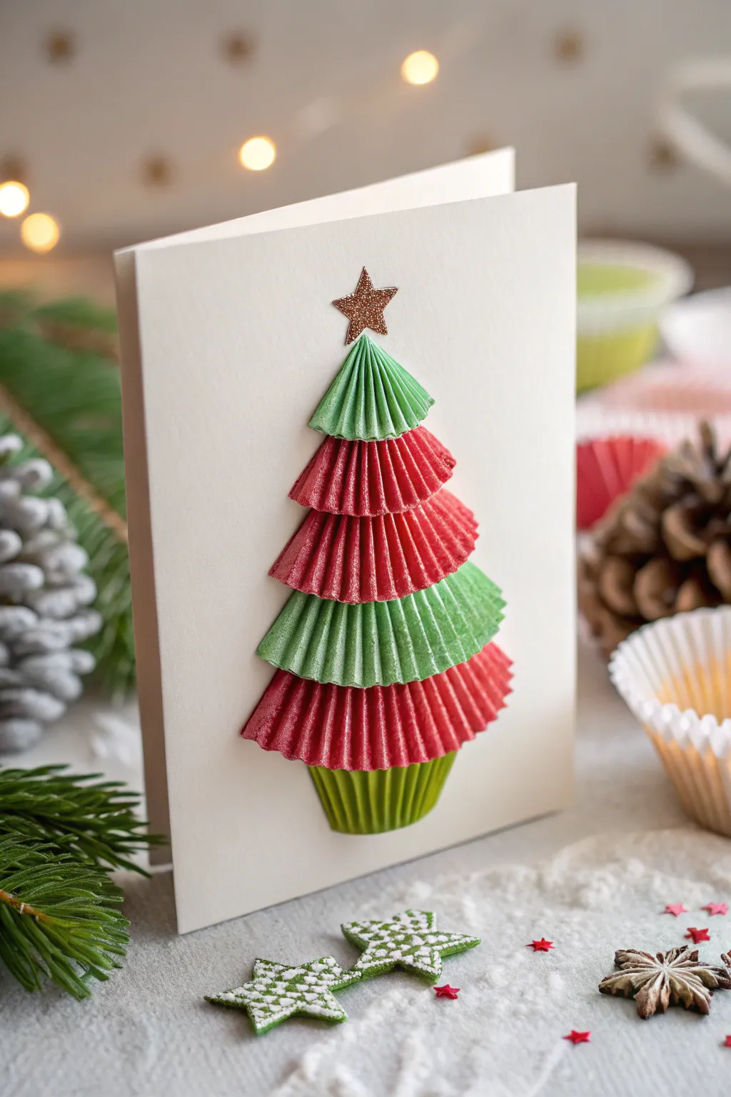 Craft your holiday joy with cupcake wrapper trees – a simple yet elegant touch for your Christmas cards.