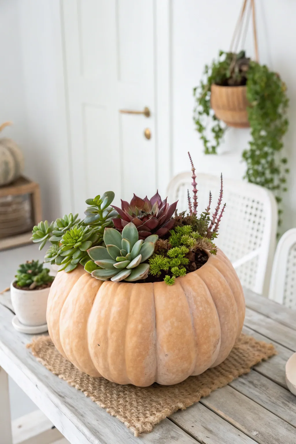 Embrace autumn elegance with a charming pumpkin succulent planter. Perfect for adding a touch of greenery to your home this season!