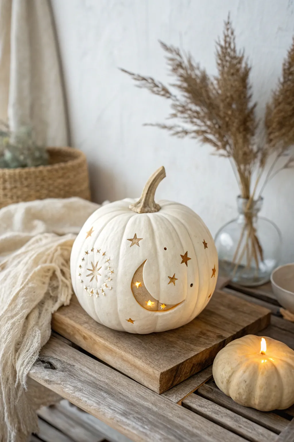 Illuminate your porch with the enchanting glow of a starry night pumpkin, where simplicity meets magic.