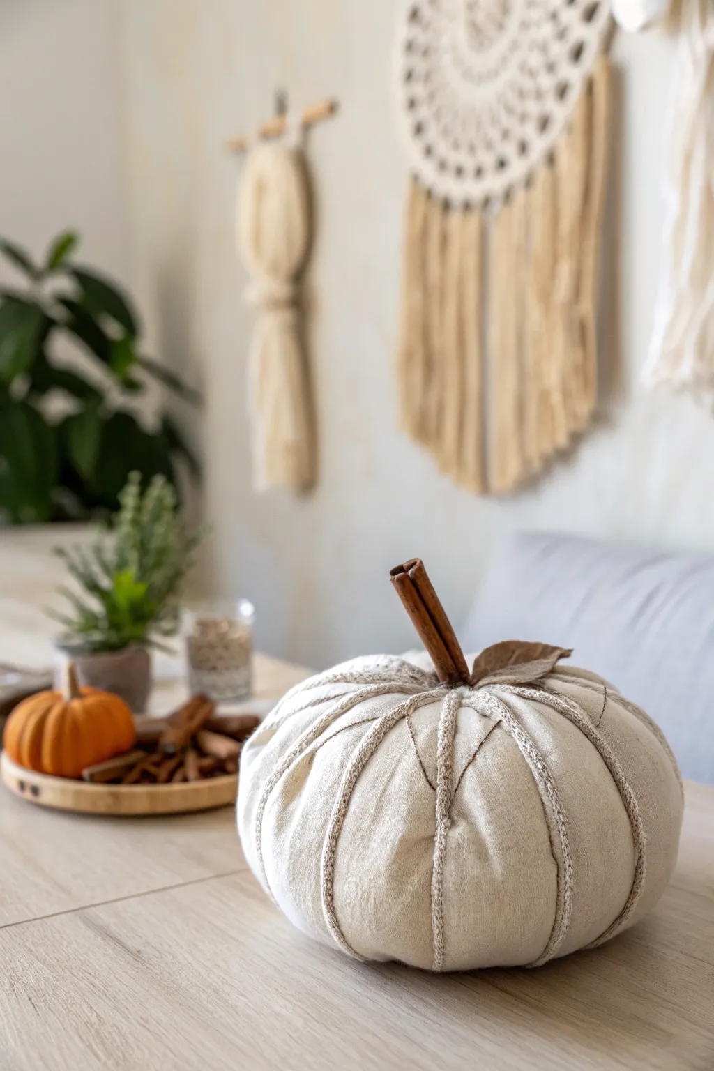Cozy up your space with this charming fabric pumpkin, a perfect blend of minimalist elegance and boho warmth.