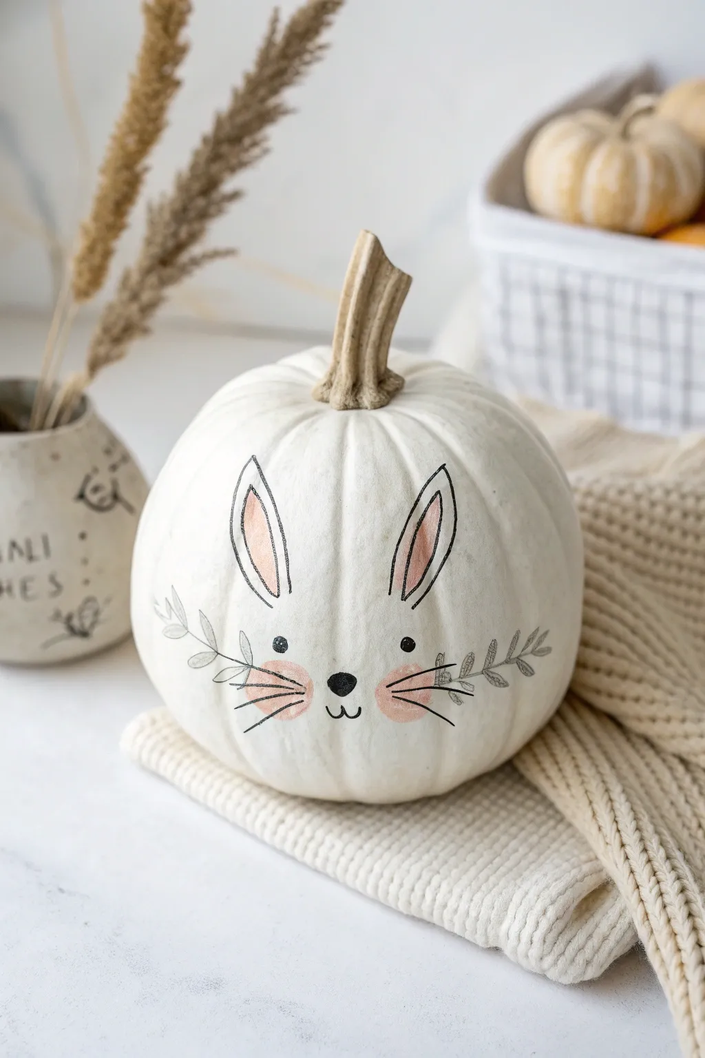Hop into autumn with this charming bunny-inspired pumpkin design, perfect for adding a playful touch to your minimalist decor.