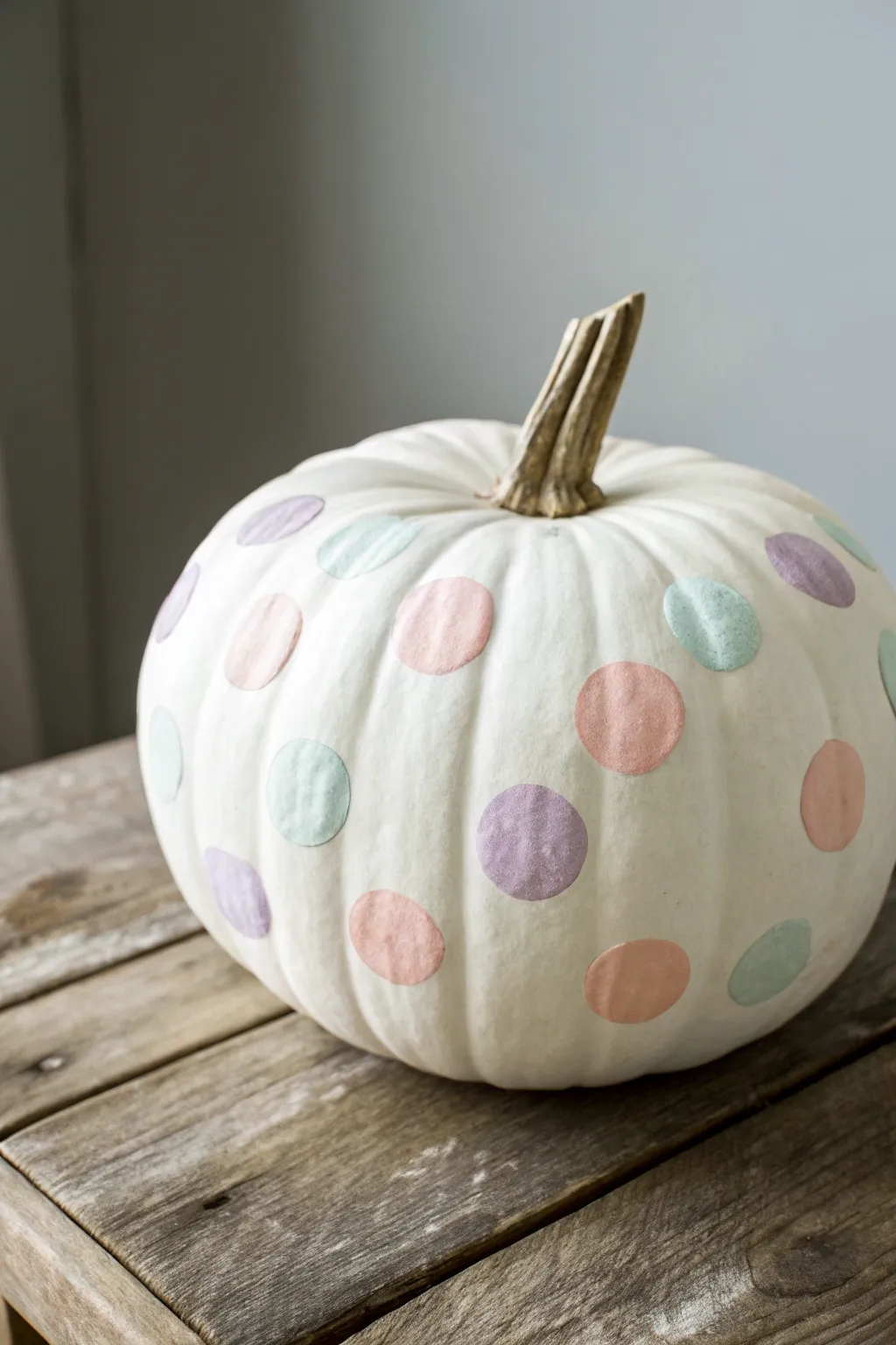 Embrace playful elegance with pastel polka dots on a charming pumpkin centerpiece.