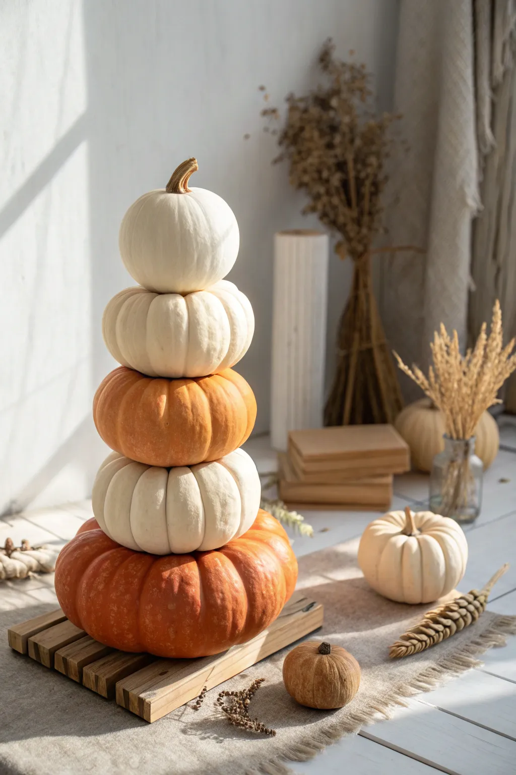 Elevate your fall decor with a stunning pumpkin tower that embodies simplicity and natural beauty.