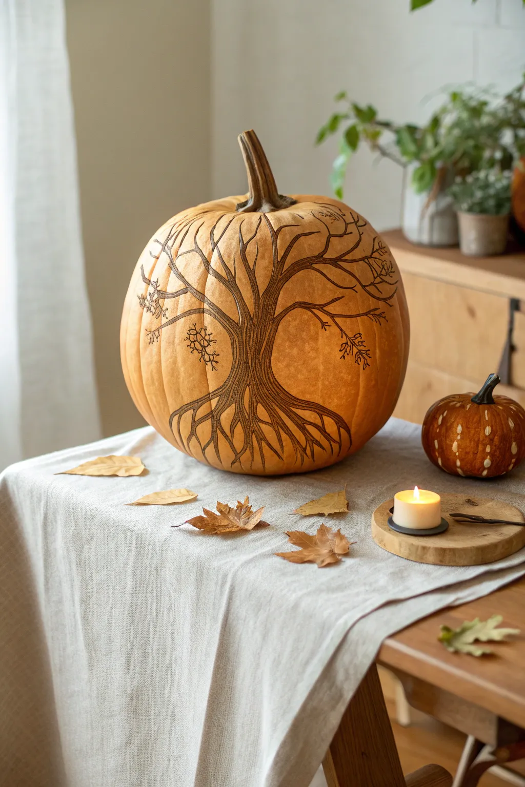 Embrace the artistry of nature with this exquisitely carved pumpkin masterpiece.