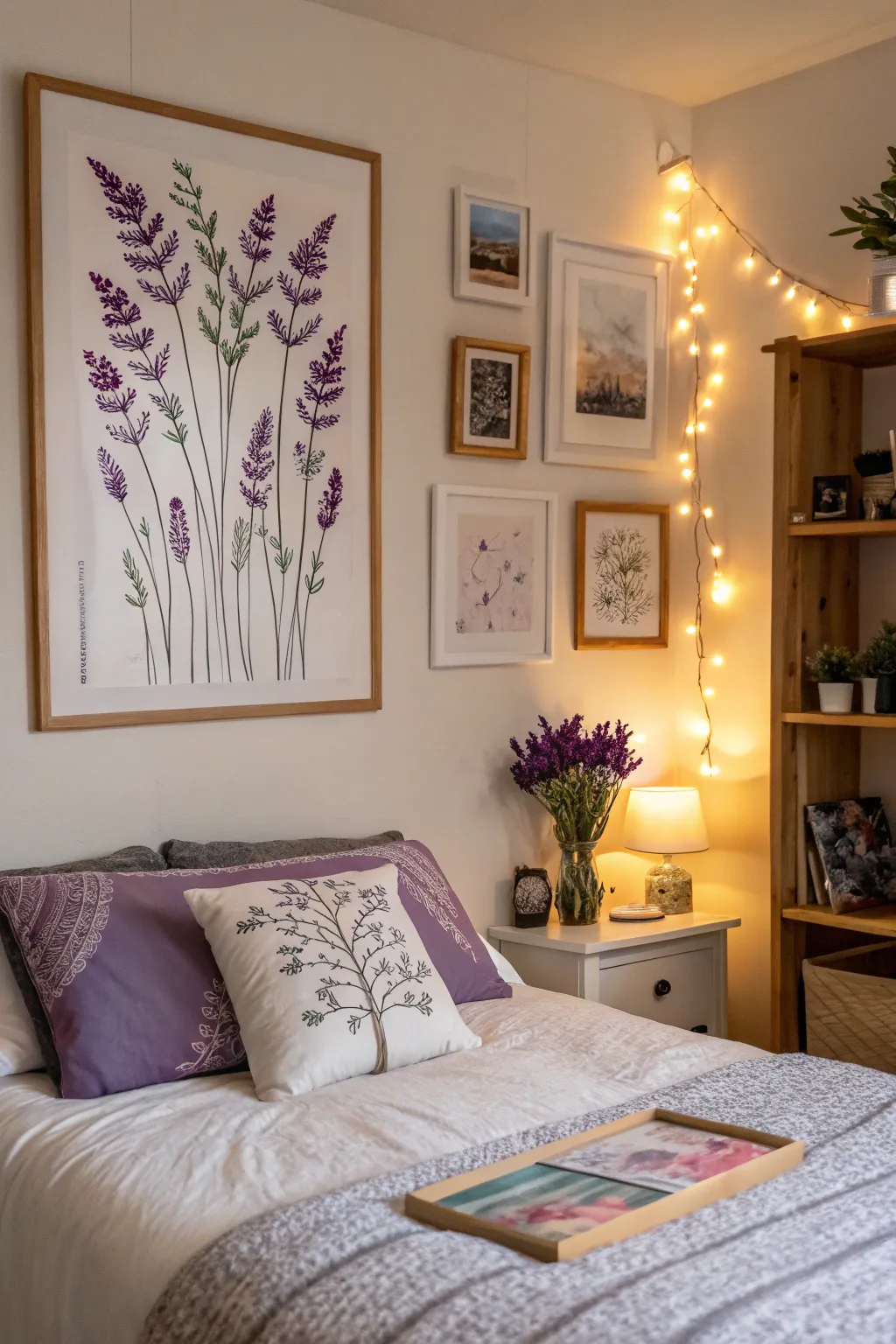 Artwork with purple accents adds a personal and artistic touch.