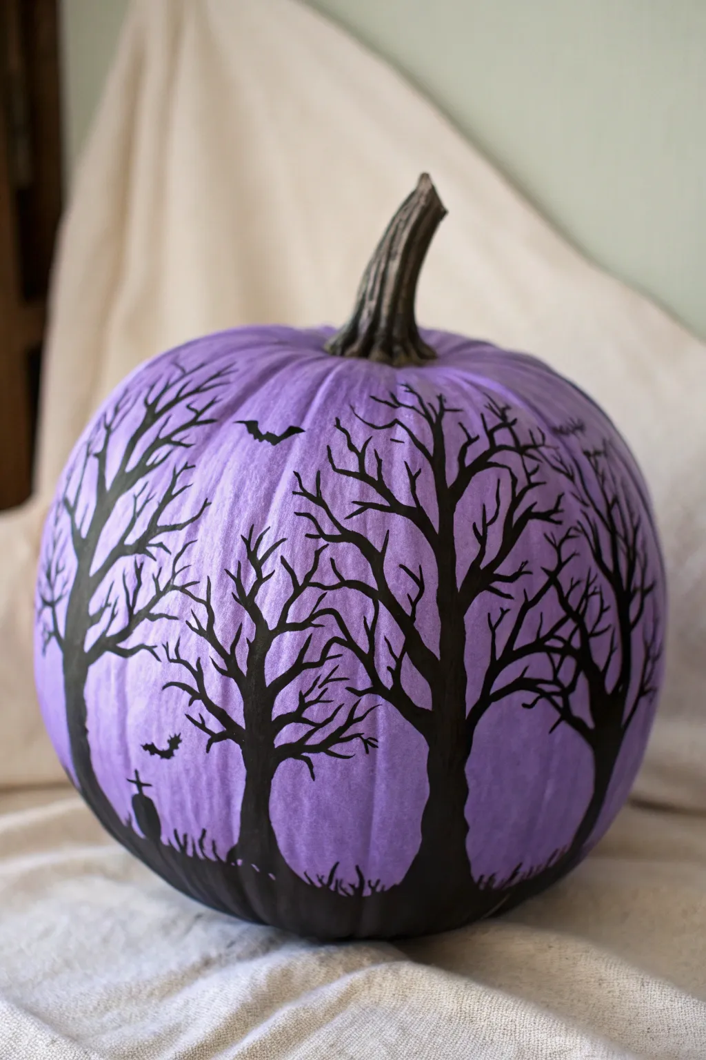 Embrace mystery with this stunning gothic tree design on a purple pumpkin—perfectly minimalistic and naturally beautiful.
