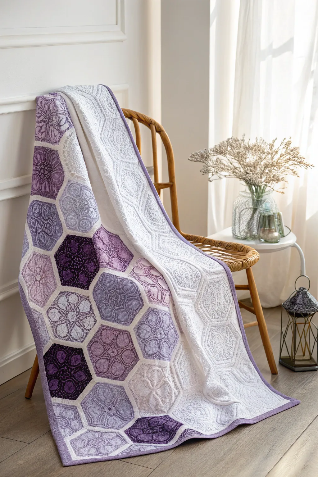 Hexagon Heaven: Embrace the beauty of purple hues in this stunning quilt design.