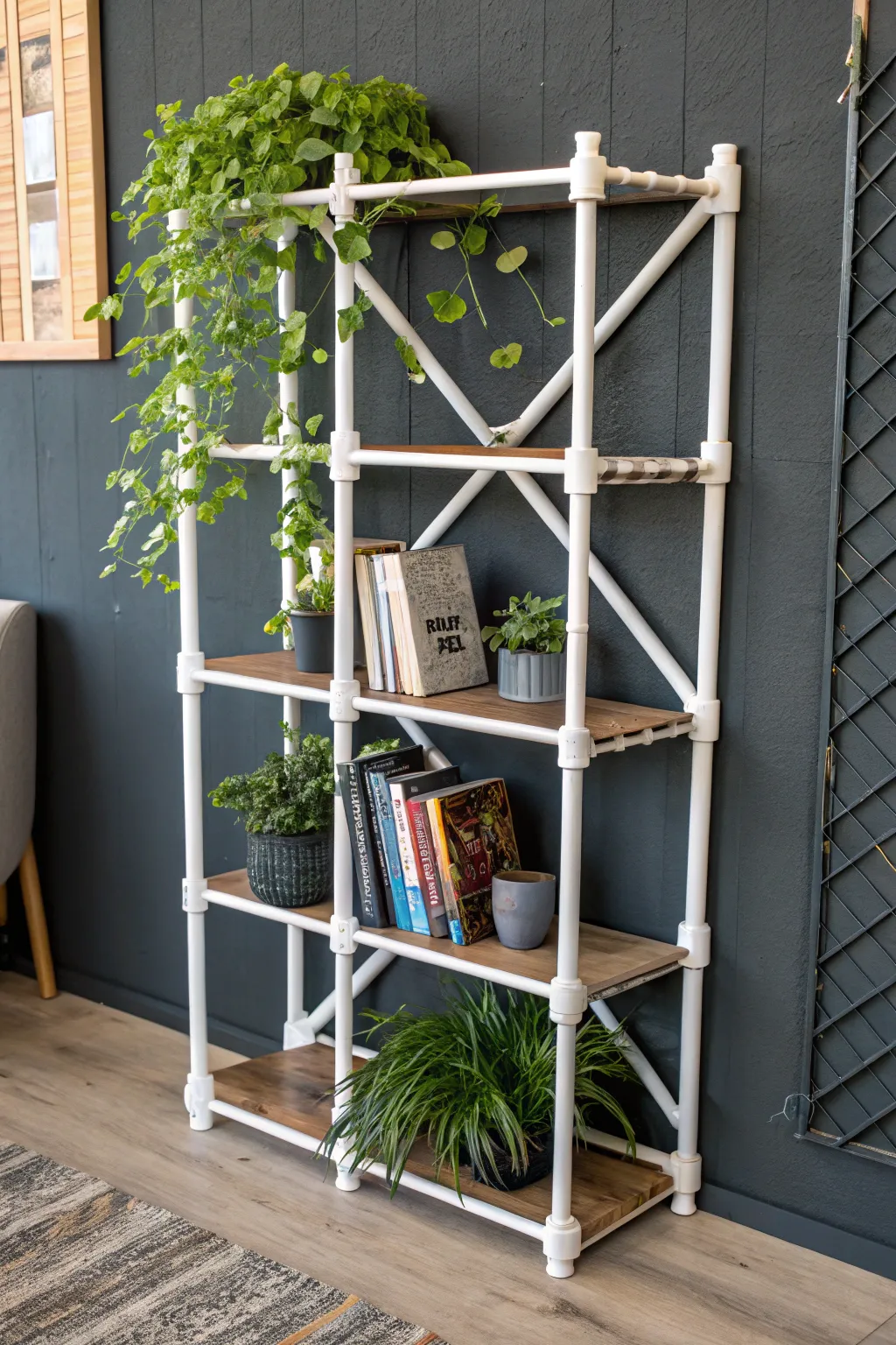 Transform your space with this sleek PVC pipe shelving unit, perfect for showcasing your favorite plants and books.