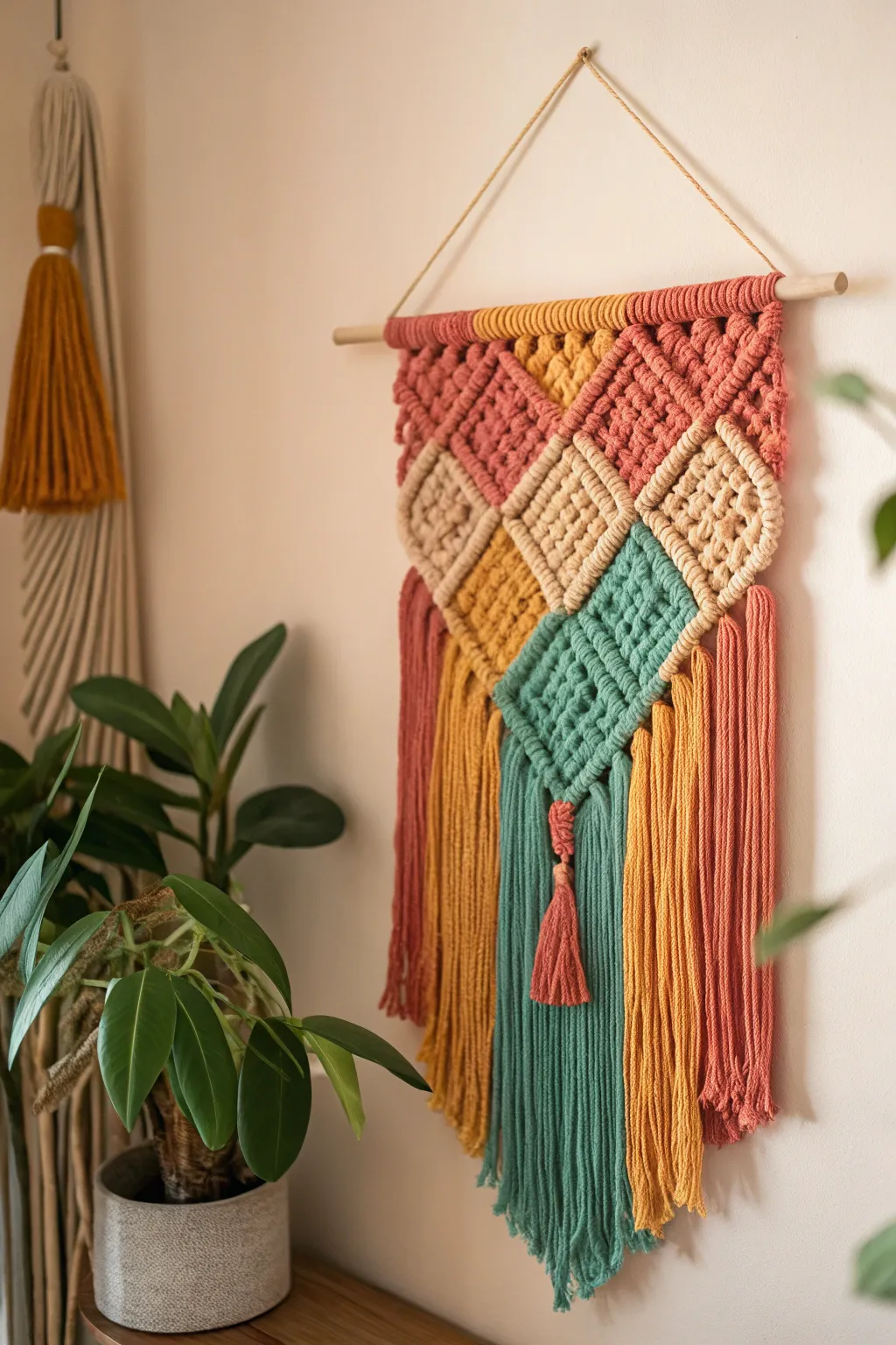 Add a pop of color and texture to your space with a vibrant crochet wall hanging.