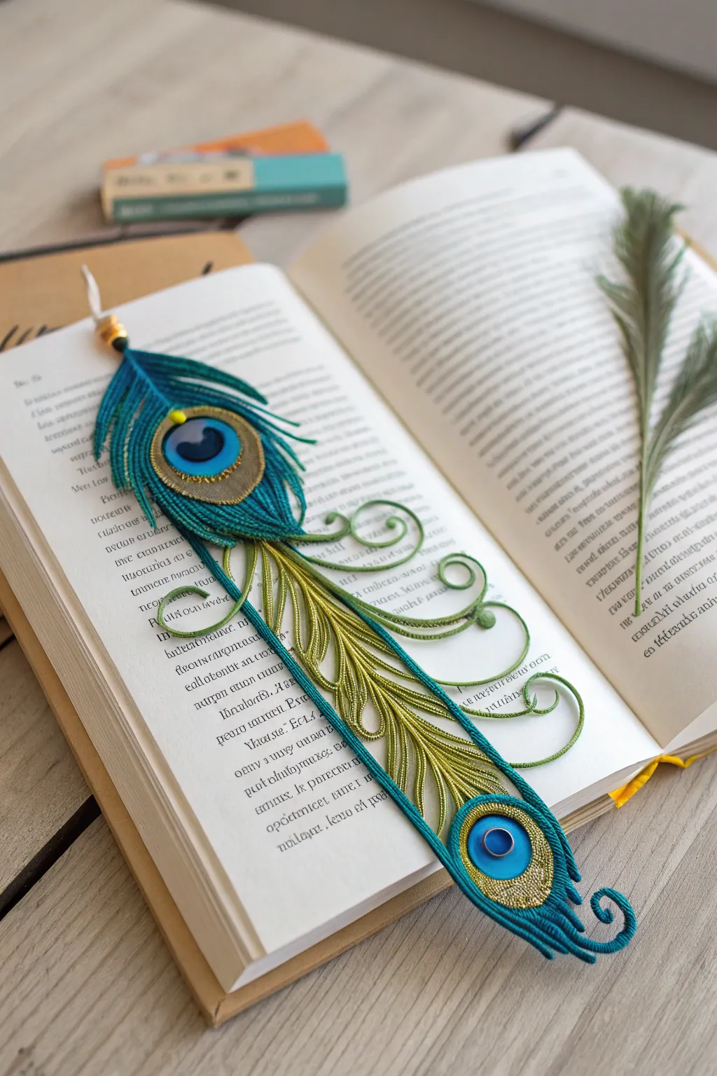 Elevate your reading experience with the delicate charm of a quilled peacock feather bookmark.