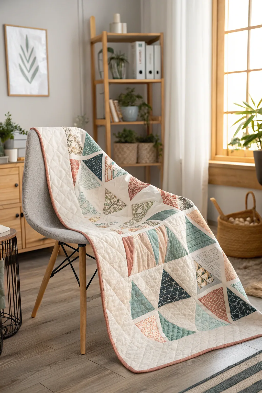 Embrace the charm of asymmetry with this beautifully crafted quilt, adding a touch of whimsy to your minimalist space.