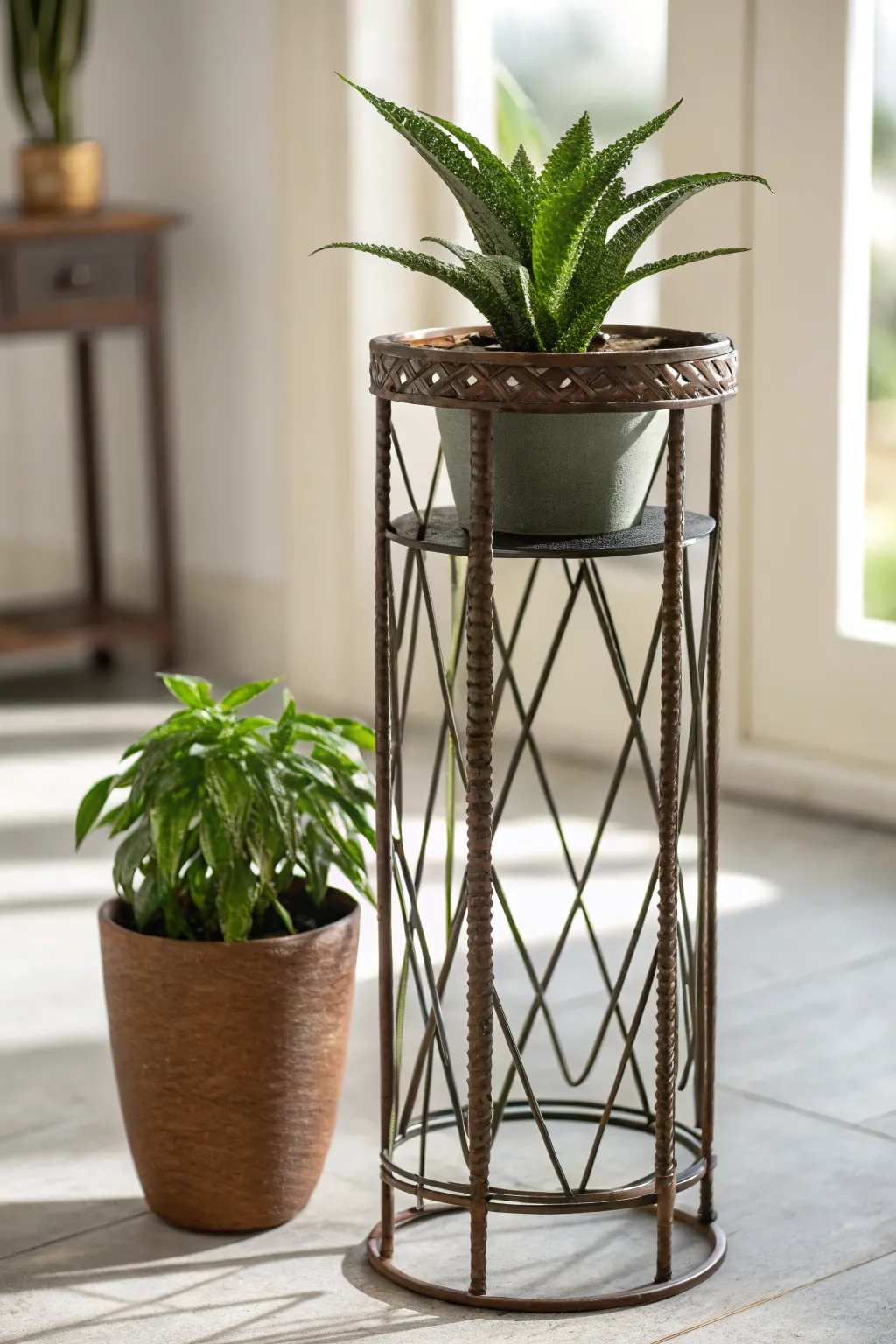 Elevate your space with this striking rebar plant stand, where industrial charm meets botanical beauty.