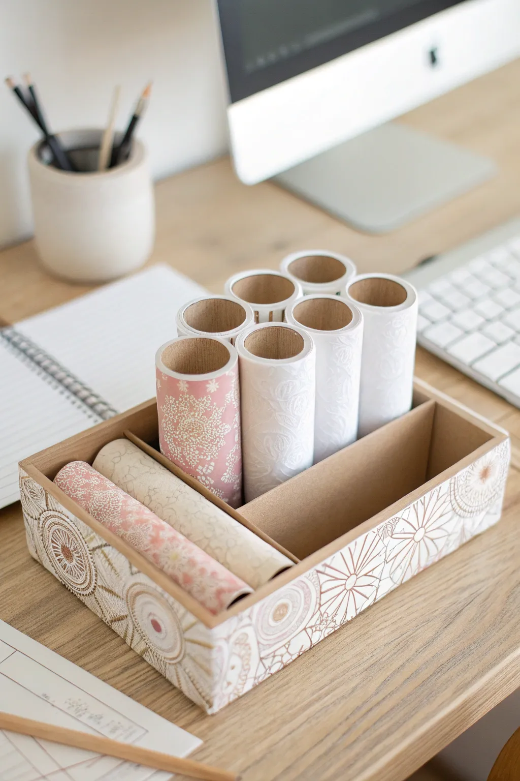 Transform clutter into calm with these chic cardboard roll organizers, perfect for a touch of minimalist elegance on your desk.