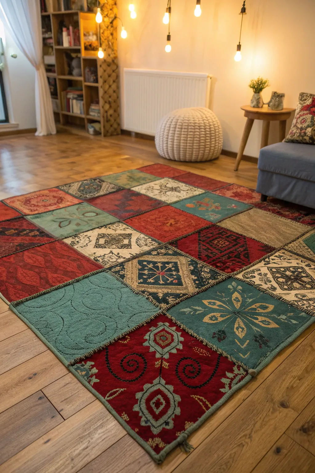 Transform your space with the artistic flair of patchwork carpet art – where sustainability meets style.