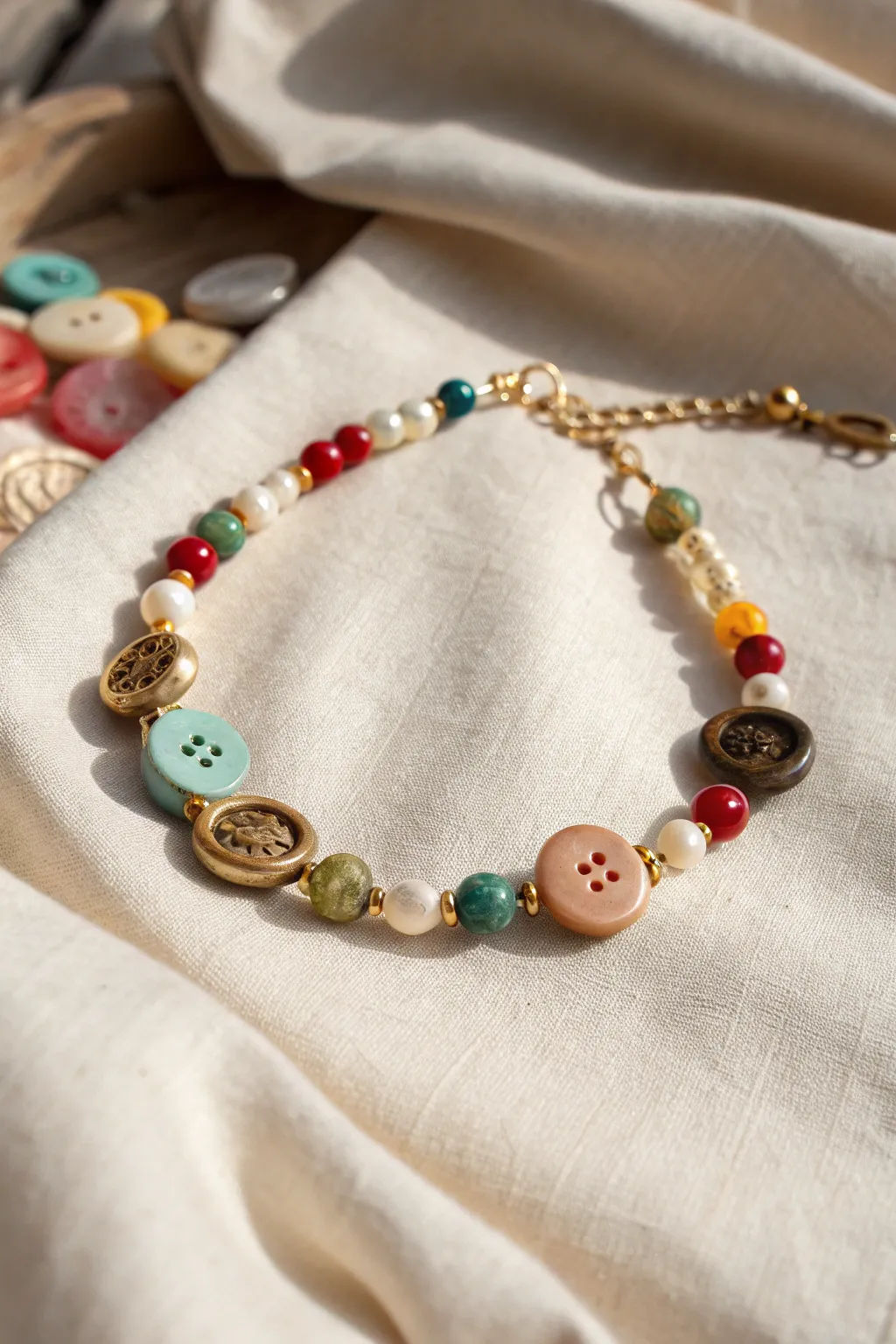 Transforming old treasures into new elegance: A bracelet that tells a story with every button and bead.