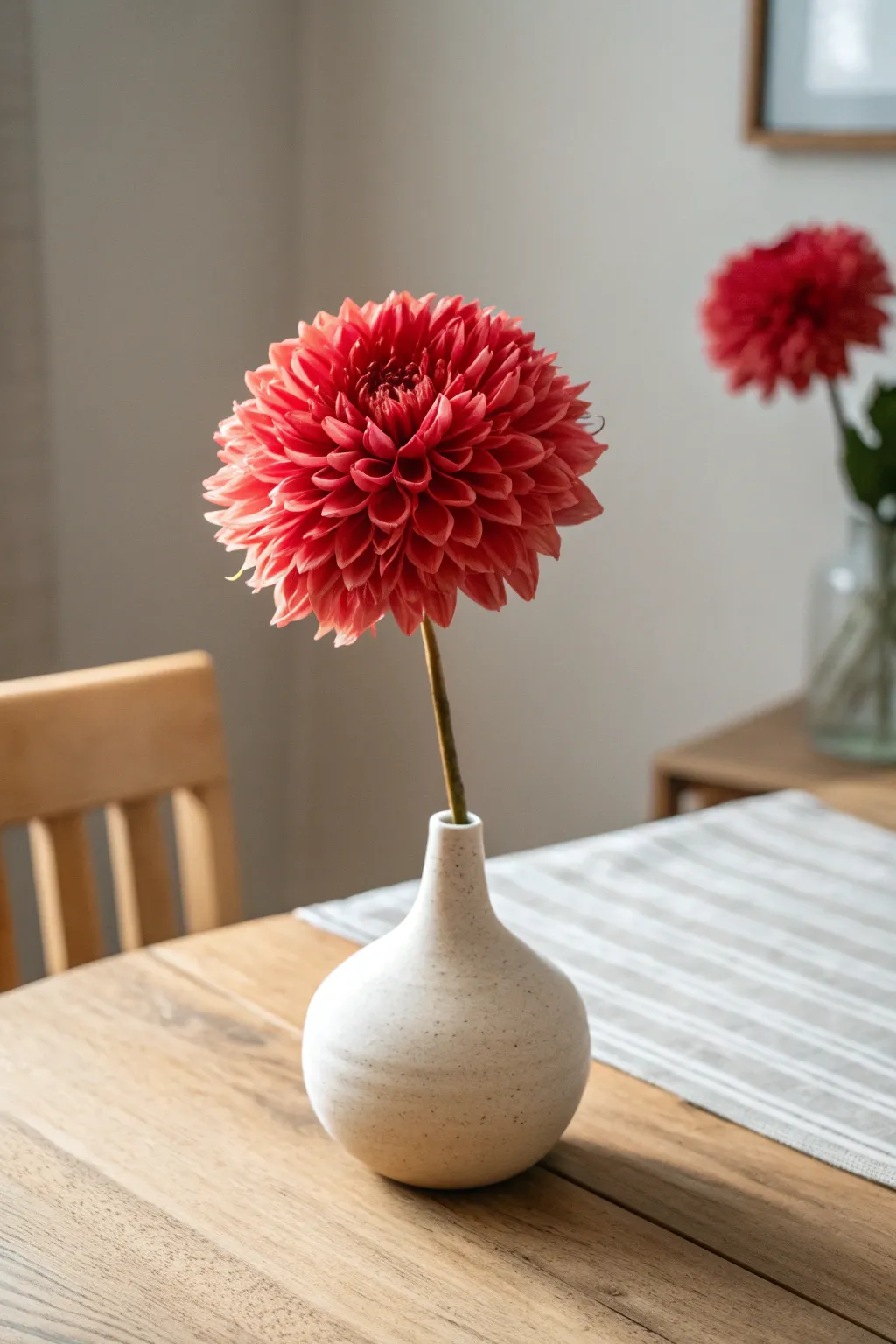 Add a pop of color with this stunning red flower pom-pom centerpiece, perfect for a touch of Scandinavian-Boho charm.