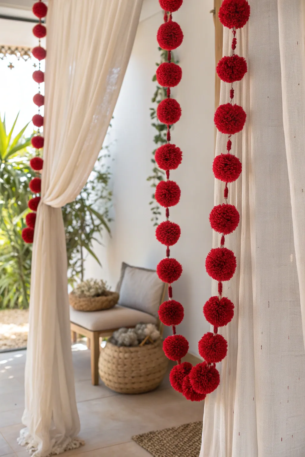 Add a touch of whimsy and warmth to your doorway with this enchanting red pom-pom curtain. Perfect for a magical and inviting entrance!