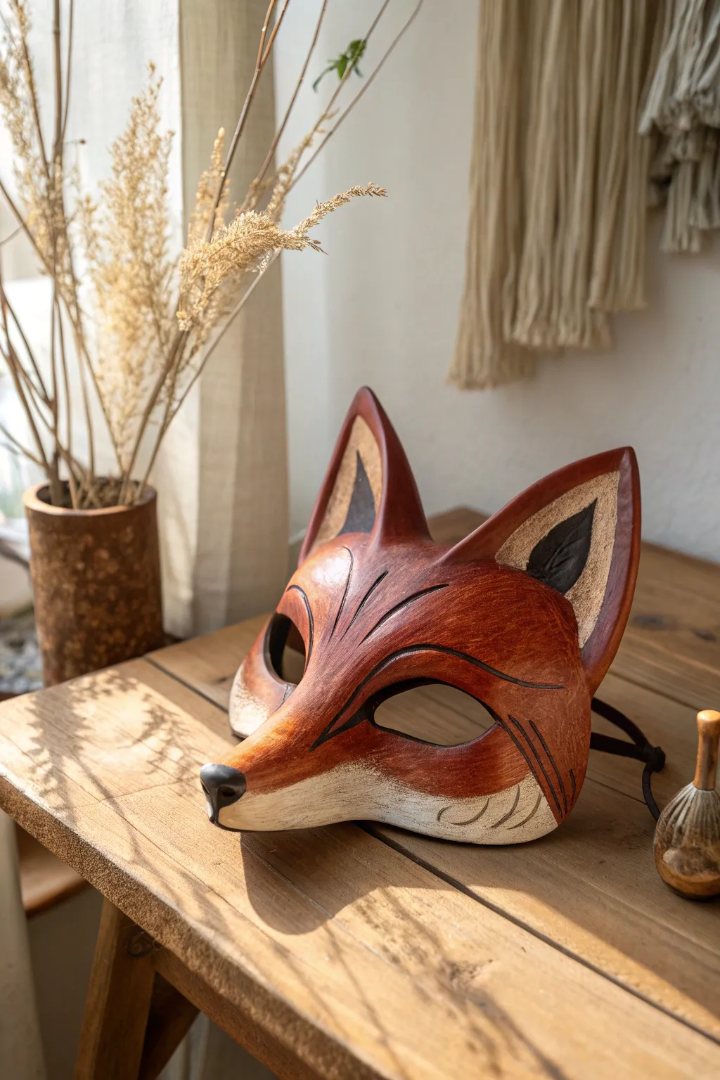 Embrace the wild with minimalist elegance: a red fox mask inspired by nature's palette.