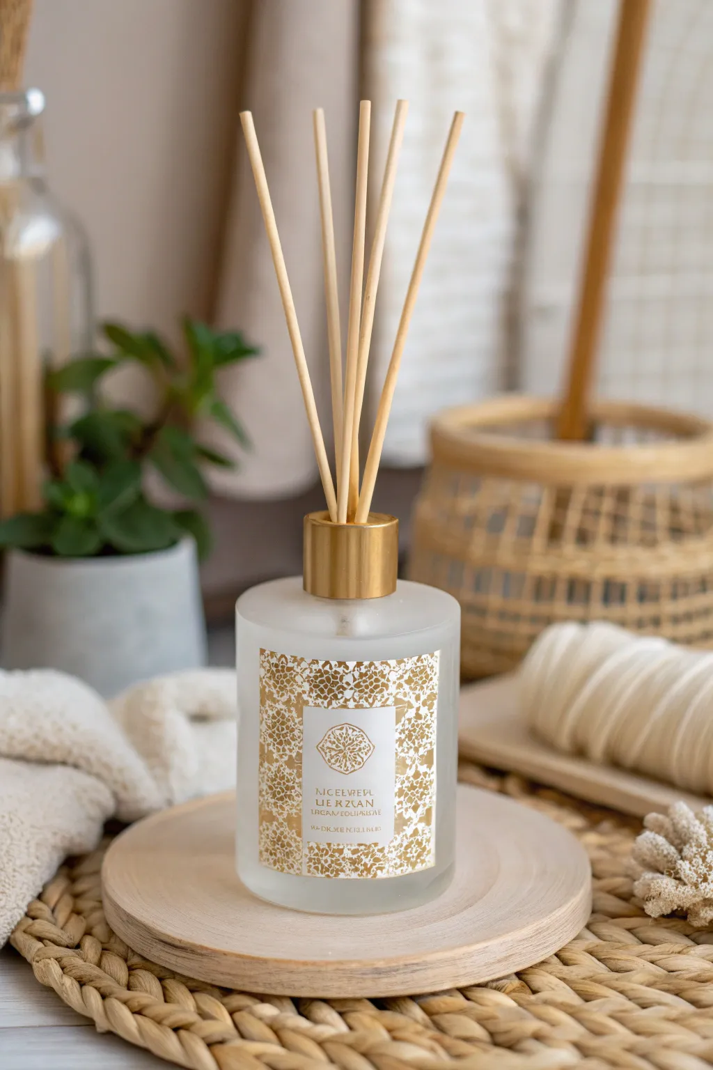 Elevate your space with the understated elegance of gold foil accents in reed diffuser packaging.
