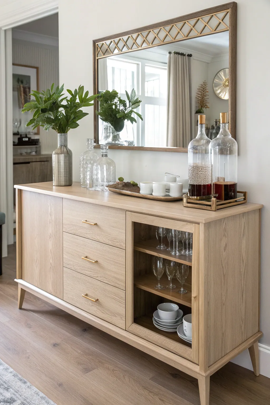 Transform your buffet into a stunning bar station that blends simplicity with a dash of glam. #RepurposedDelight