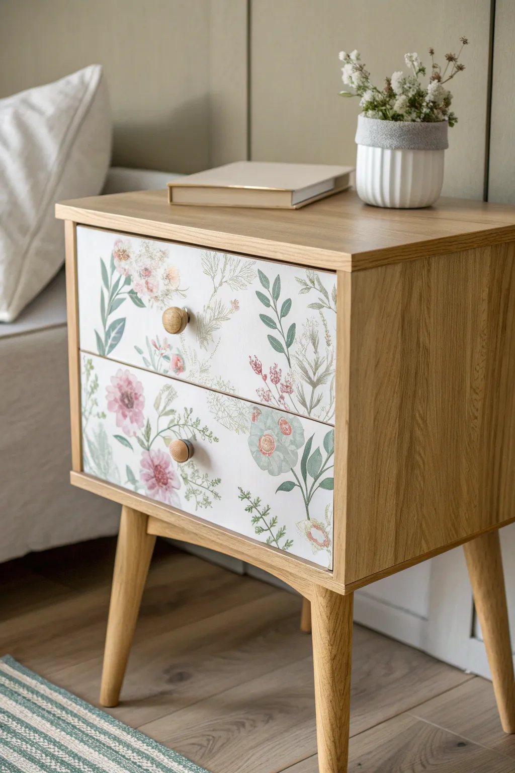 Transform your space with a nightstand that's a decoupage masterpiece – where simplicity meets artisanal beauty.