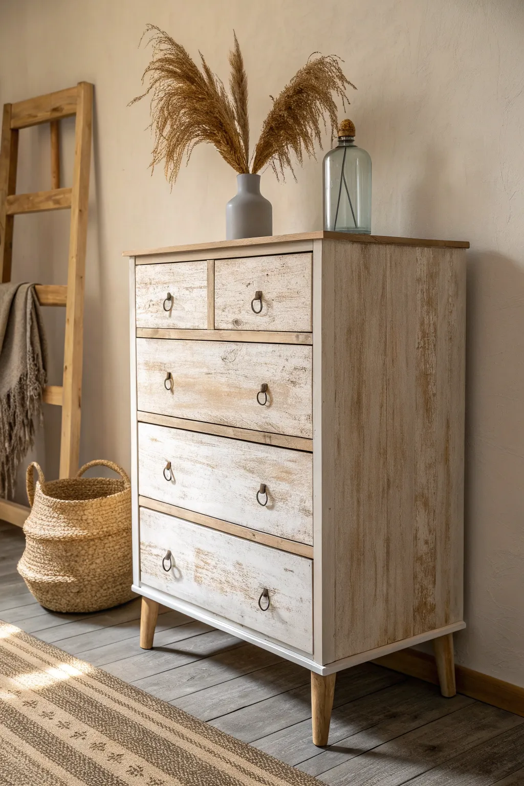 Embrace the charm of imperfection with a distressed dresser that tells its own story.