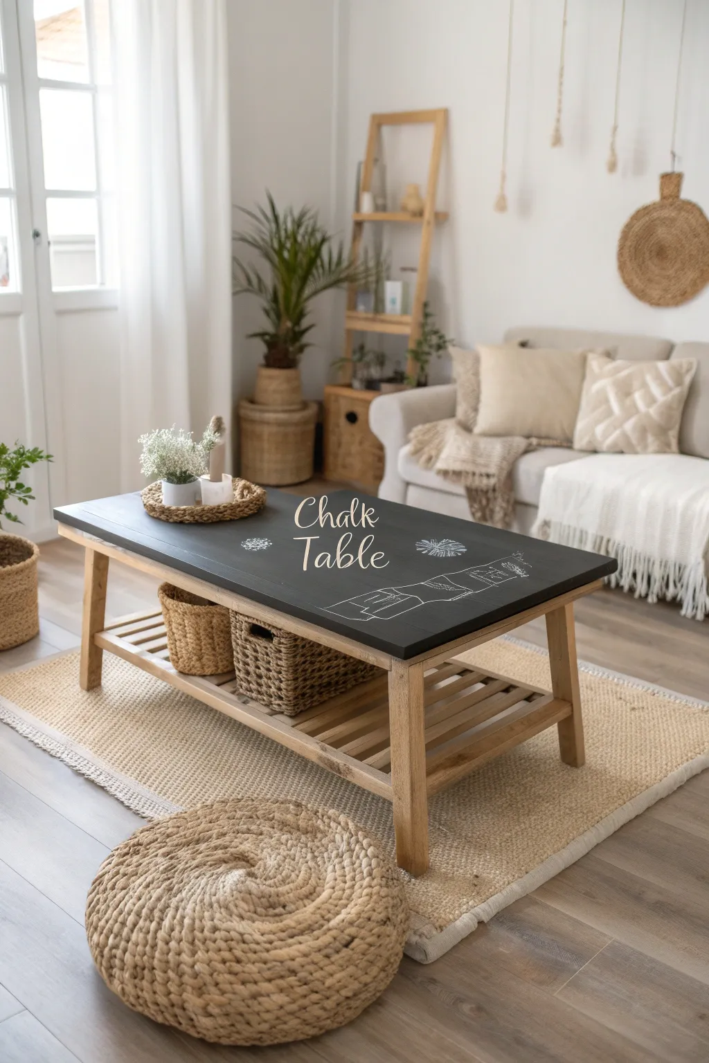 Transform your coffee table with chalkboard paint for a touch of creative elegance.