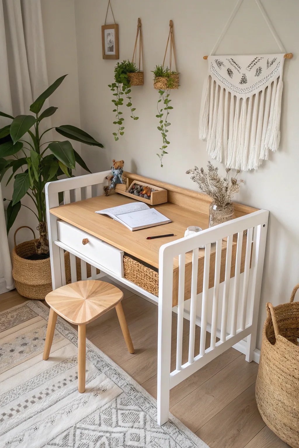 Transform a crib into a stylish craft desk and unleash your creativity with a touch of Scandinavian elegance.