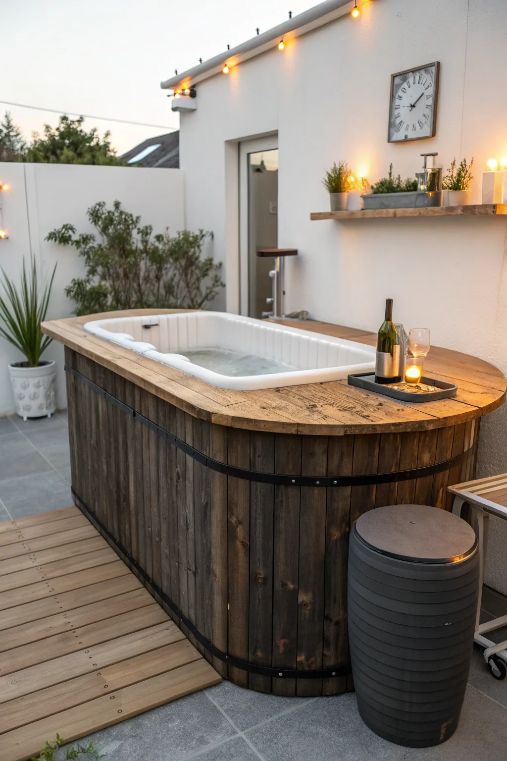 Transform your backyard with this charming hot tub bar—where rustic meets refined elegance.