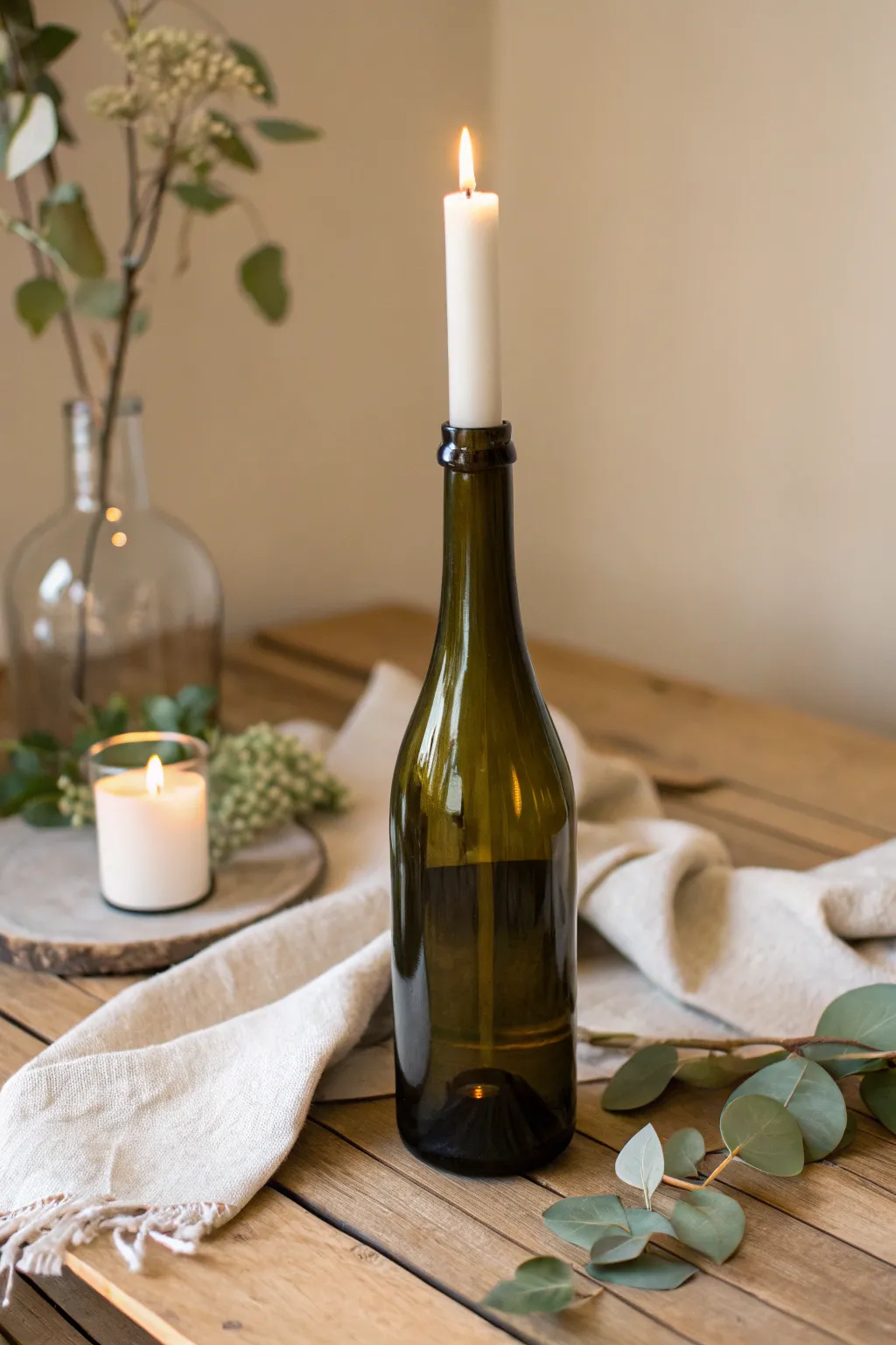 Transform your spaces with these chic wine bottle candle holders, perfect for cozy dinner gatherings. #ScandinavianBoho #RepurposeWithStyle