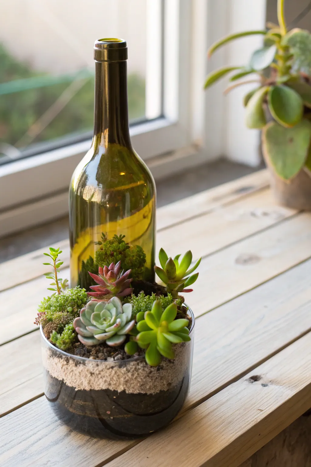 Transform wine bottles into chic succulent planters for a touch of greenery in your home!