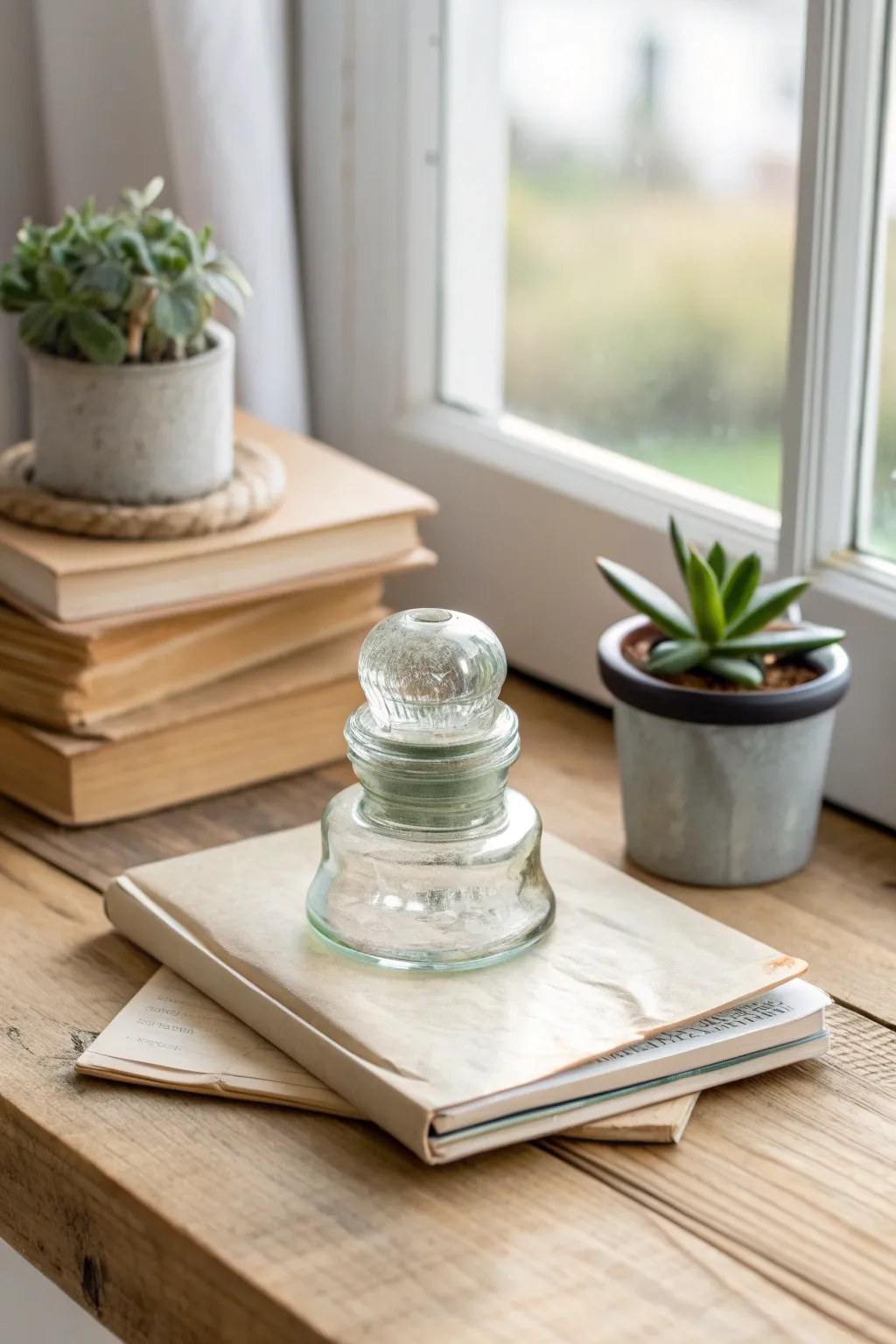 Elevate your workspace with a touch of nostalgia and charm with a vintage glass insulator paperweight.