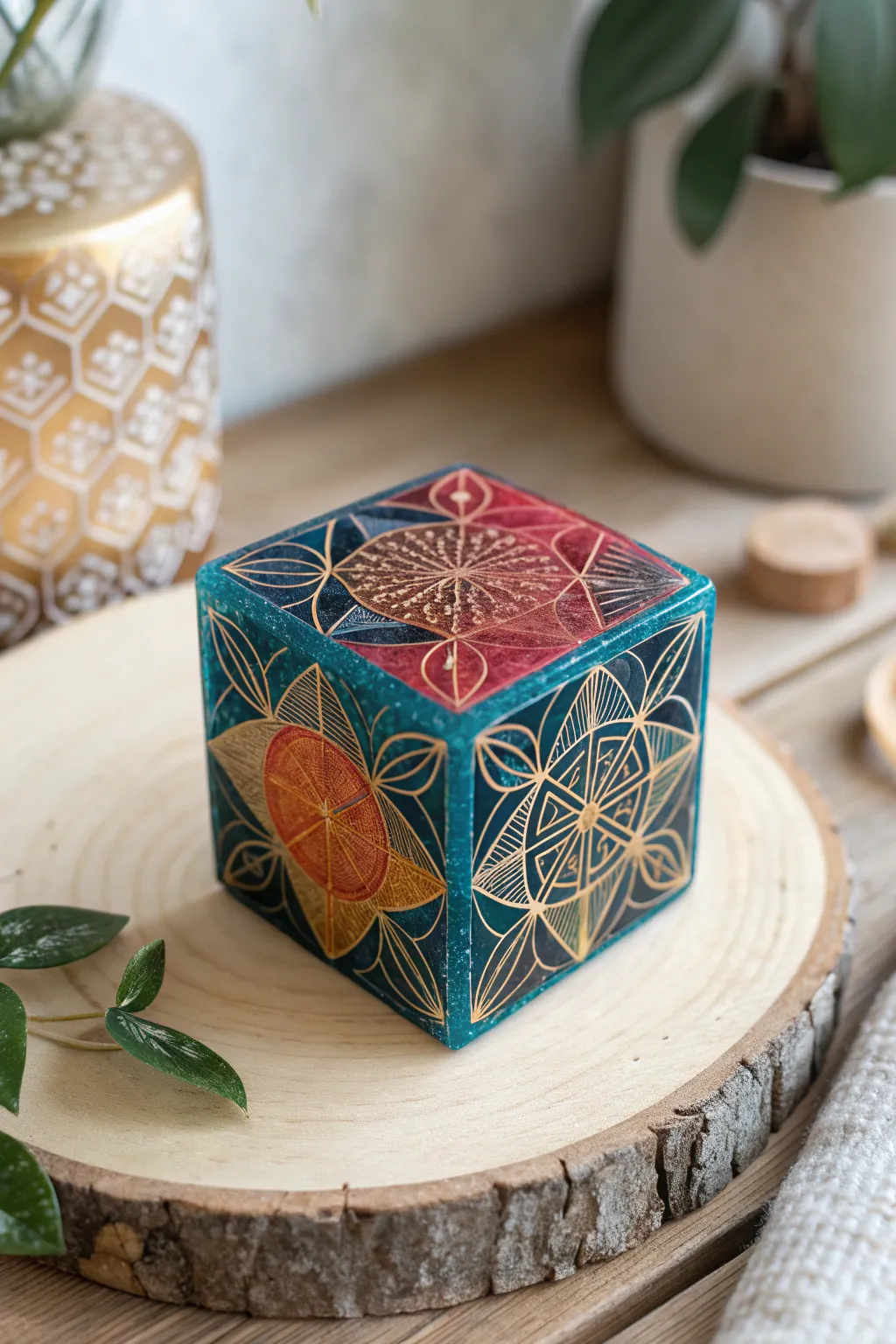 Add a splash of color to your space with this vibrant geometric resin cube, a perfect blend of minimalist design and boho charm.
