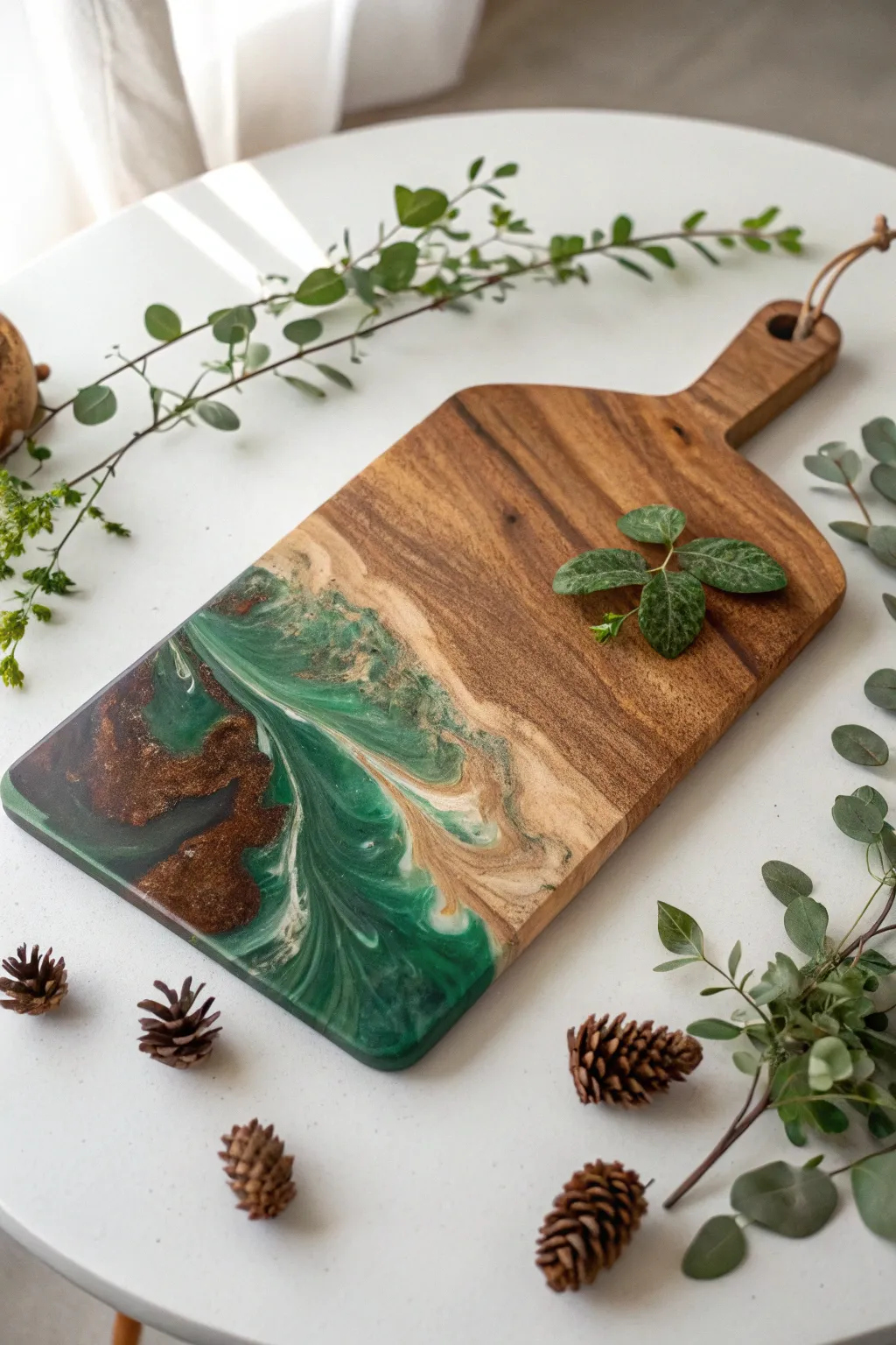 Embrace the beauty of nature with this stunning resin cutting board, a perfect blend of earthy tones and minimalist elegance.