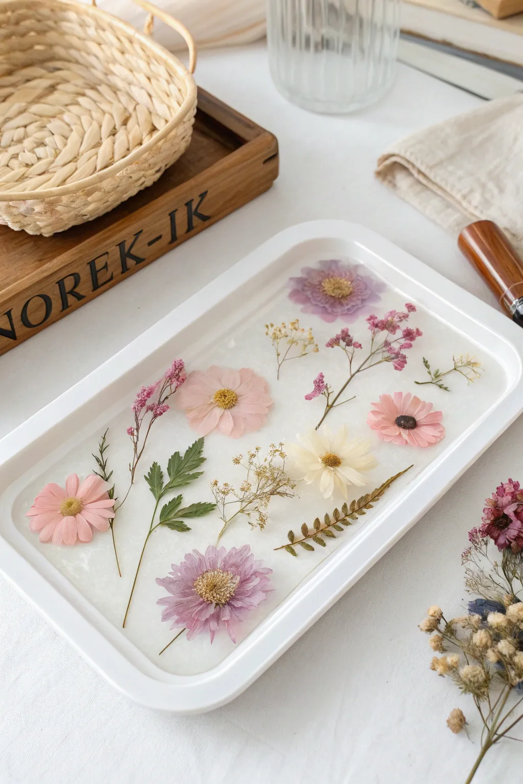 Preserve the essence of spring with this enchanting floral resin tray, a perfect blend of minimalist elegance and natural charm.
