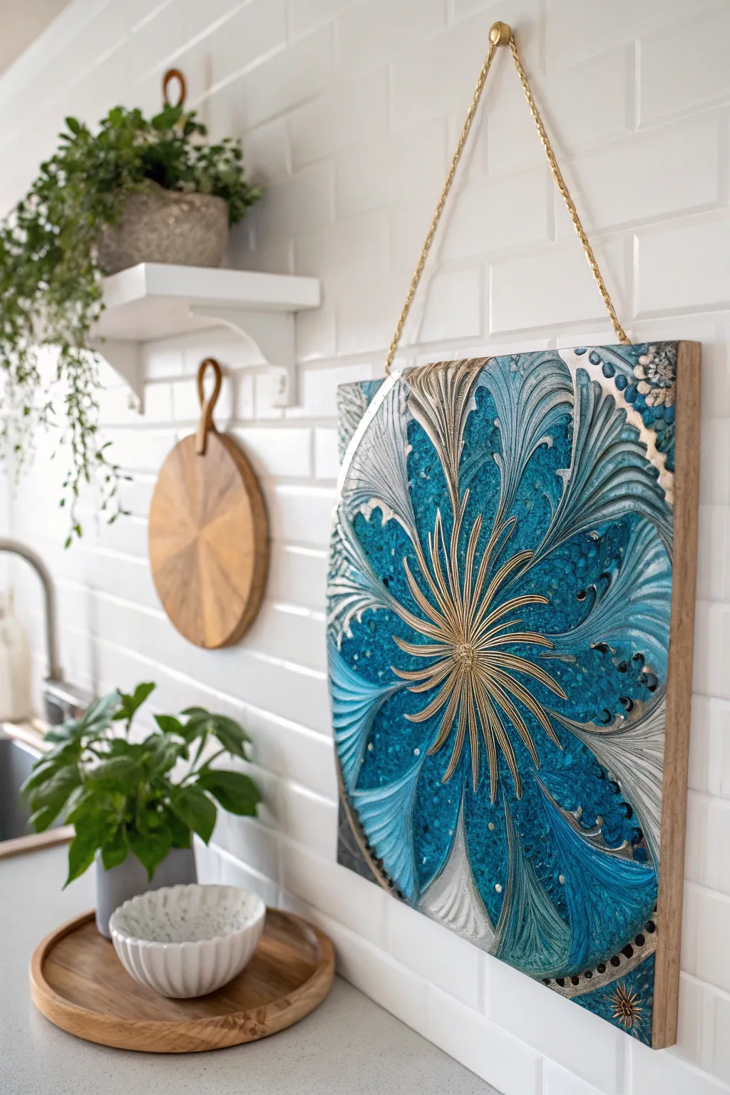 Elevate your kitchen with a splash of vibrant resin art – where bold blues meet metallic magic.